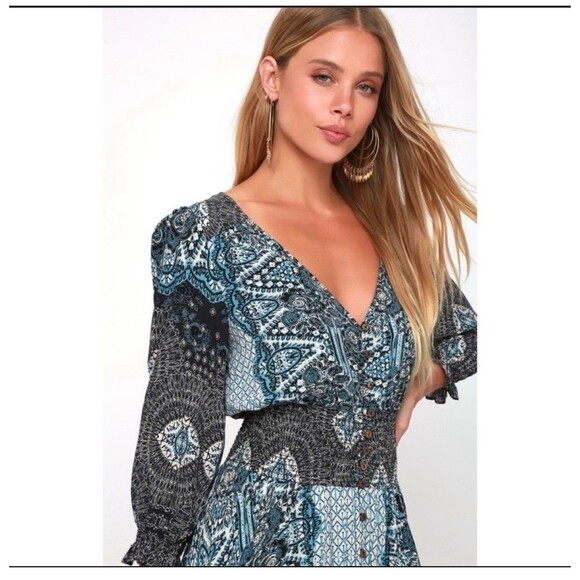 FREE PEOPLE Mexicali Rose Smocked Waist Maxi Dress Blue Size XS Boho Bohemian - Picture 4 of 16